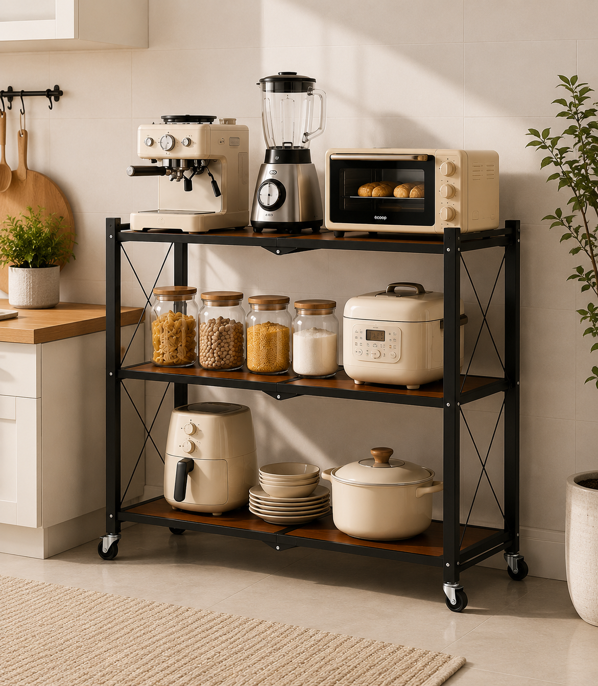 رف تخزين 3 دور قابل للطي والحركة – 3-Tier Foldable Mobile Storage Rack