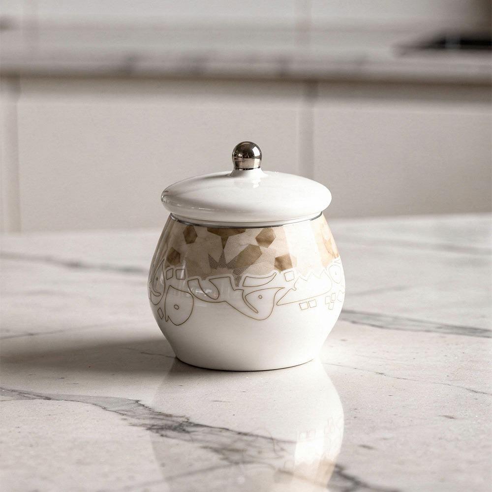 سكرية بورسلين بتصميم نقوش عربية لون بني – Porcelain Sugar Bowl – Arabi