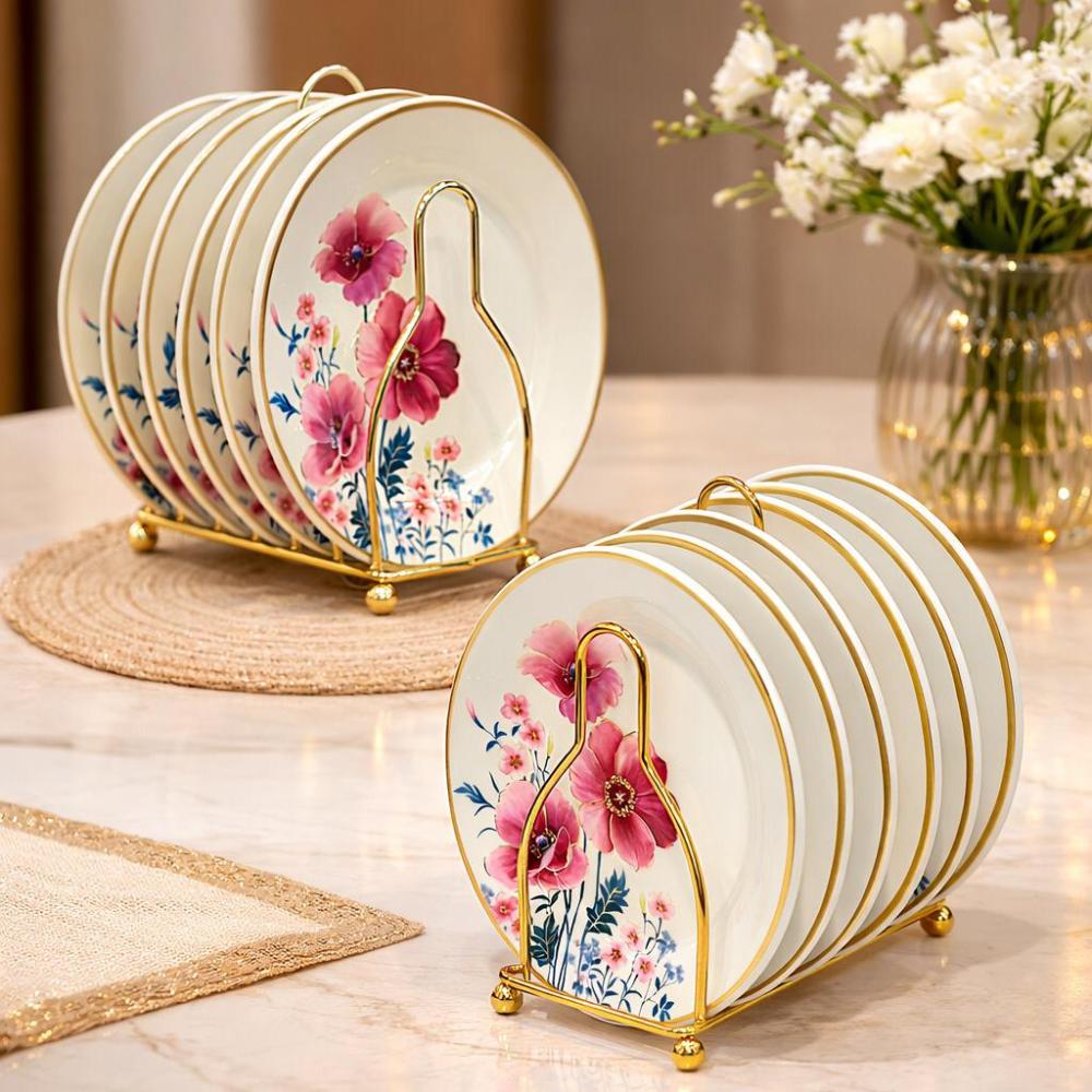 طقم سفرة بورسلين 6 قطعة مع حامل معدني -نقاشات ورد مميزة – Porcelain Di