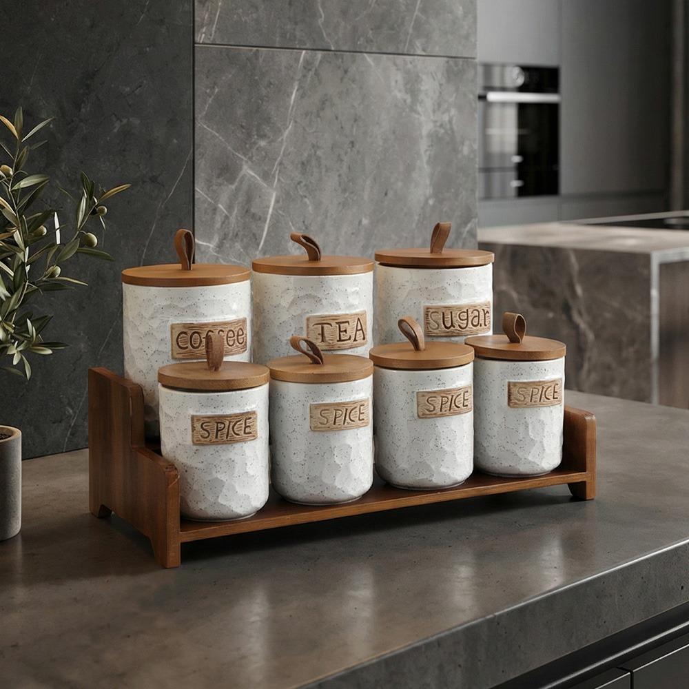 طقم بهارات 14 قطعة مع حامل وغطاء من الخشب عالي الجودة – Porcelain Spic