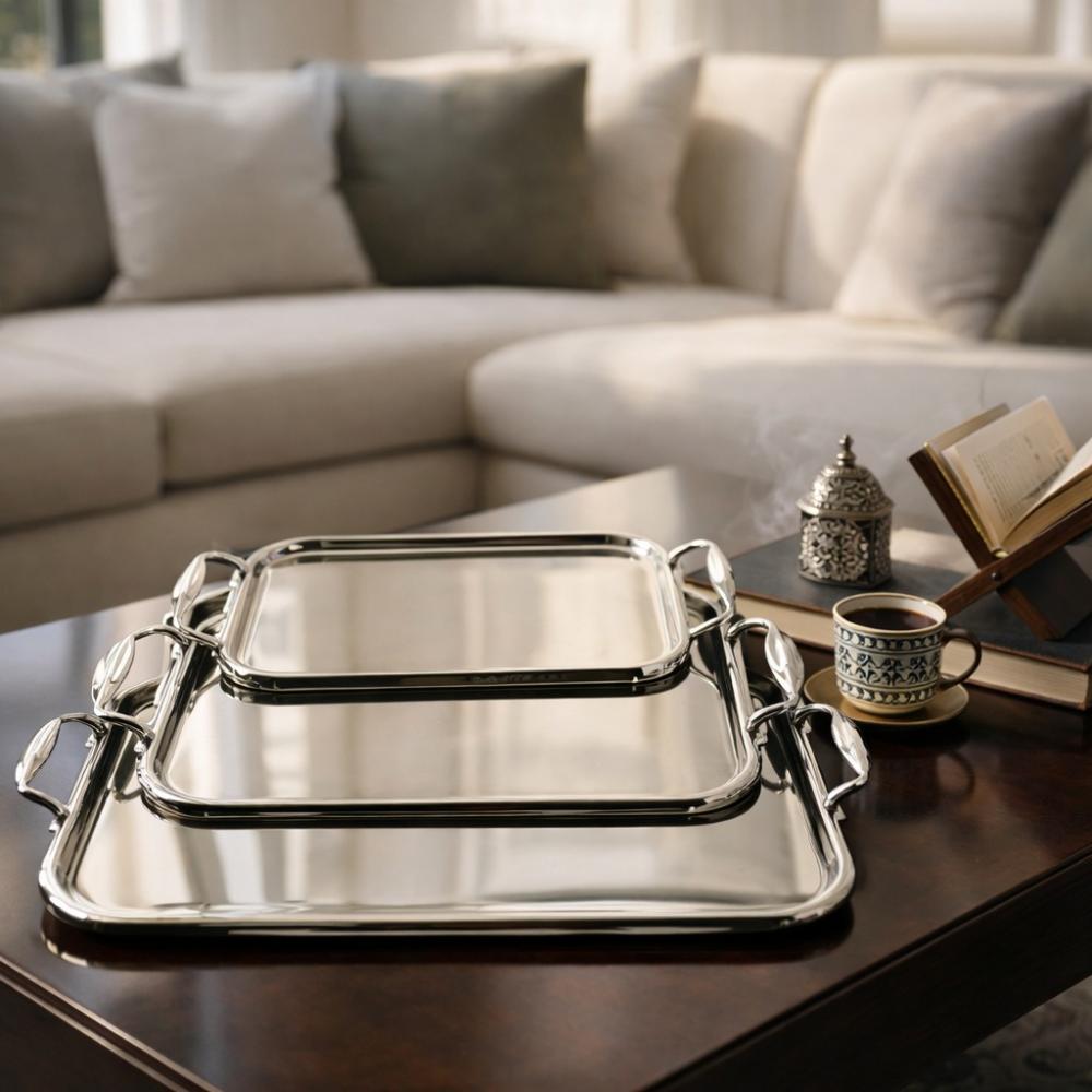 طقم صواني ستيل 3 حبة تصميم راقٍ – فضي – Luxury Serving Tray