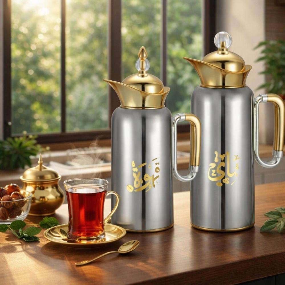 طقم ترامس شاي وقهوة 2 قطعة - ستانلس ستيل - نقوش عربية فخمة – Tea & Cof