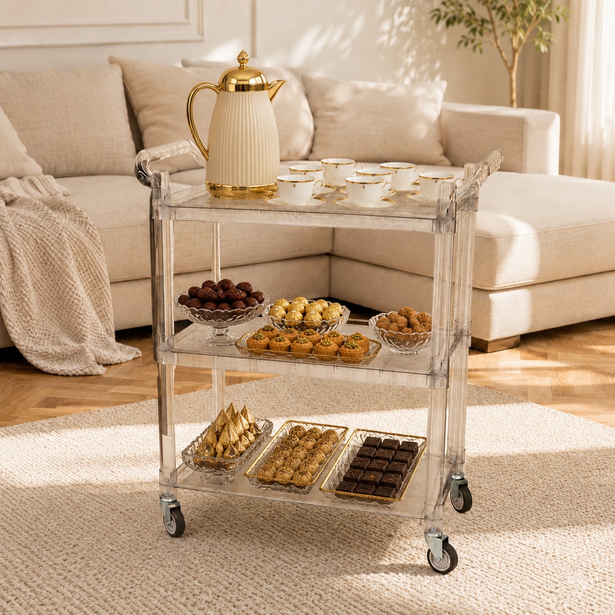 عربة تقديم لون فضي 3 دور – 3-Tier Mobile Serving Trolley – Silver