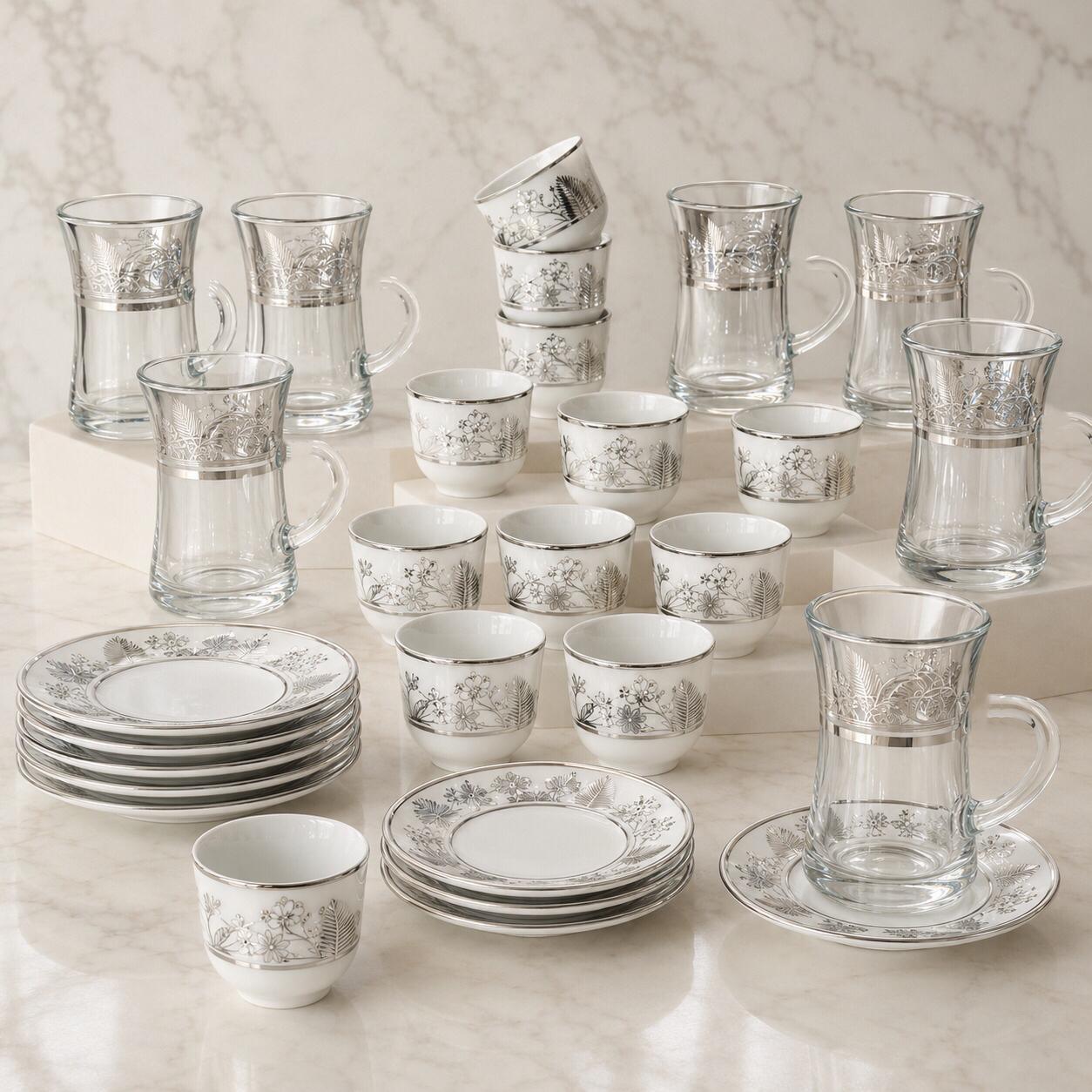 طقم كاسات وفناجين 36 قطعة – أبيض – Premium Cups & Glasses Serving Set 