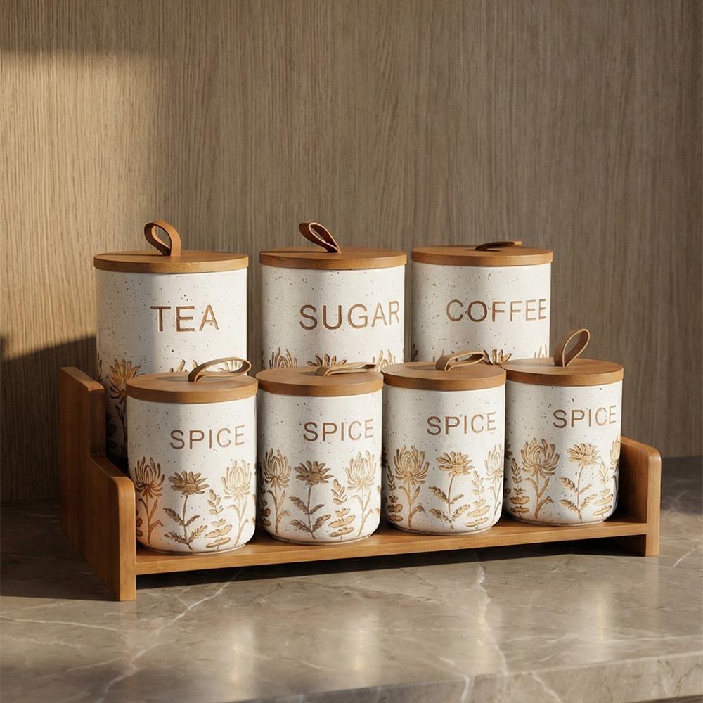 طقم توابل 13 قطعة بورسلين بغطاء خشب مع حامل متين – Porcelain Spice Set