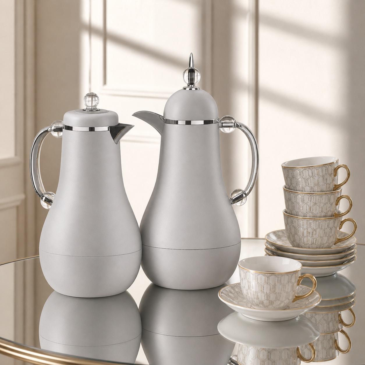 طقم ترامس (ثلاجات قهوة وشاي) لون رمادي مع فضي 1.0 لتر – Tea & Coffee T