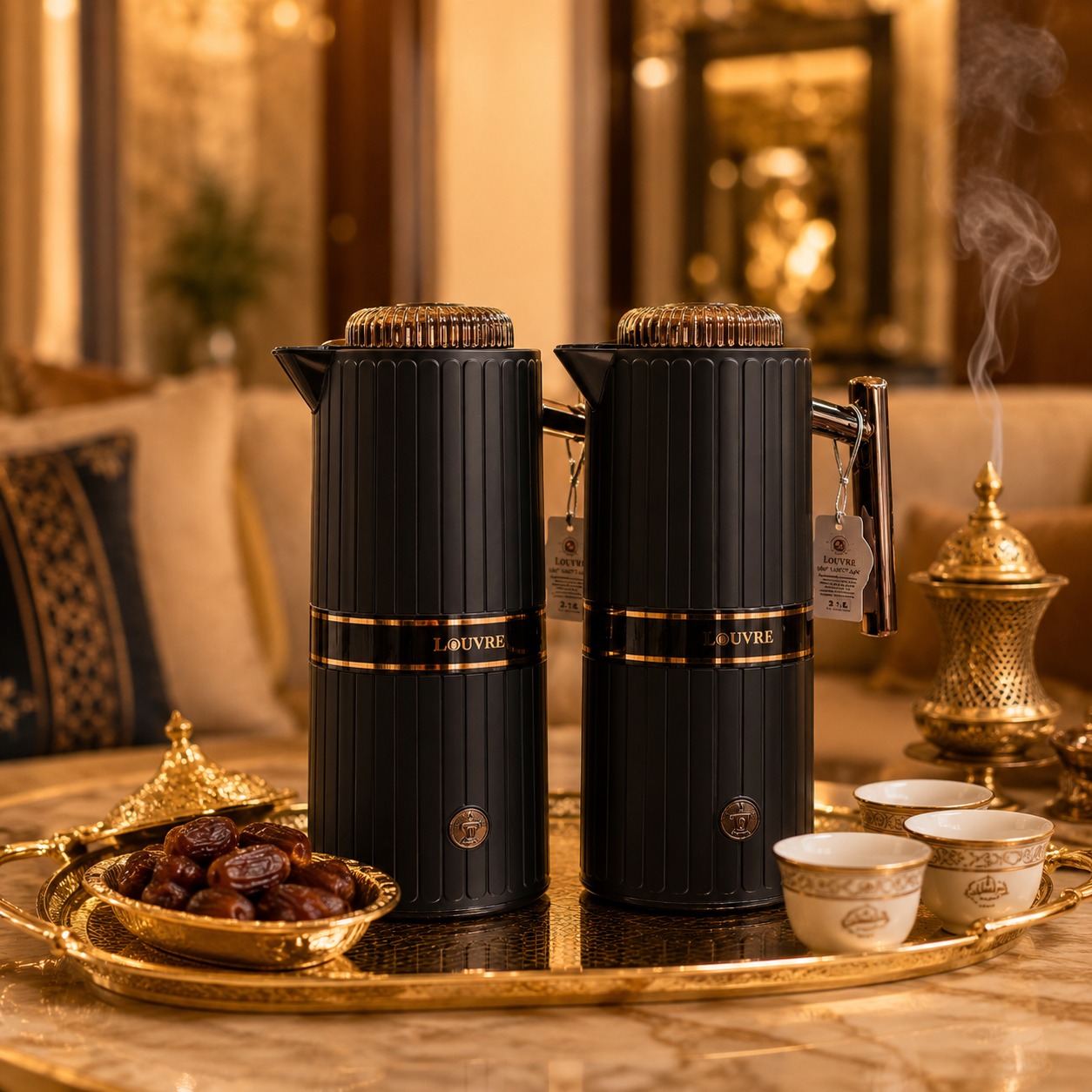 طقم ترامس فاخر اللون الأسود الملكي مع ذهبي 1.0 لتر بتصميم أنيق. – Louv