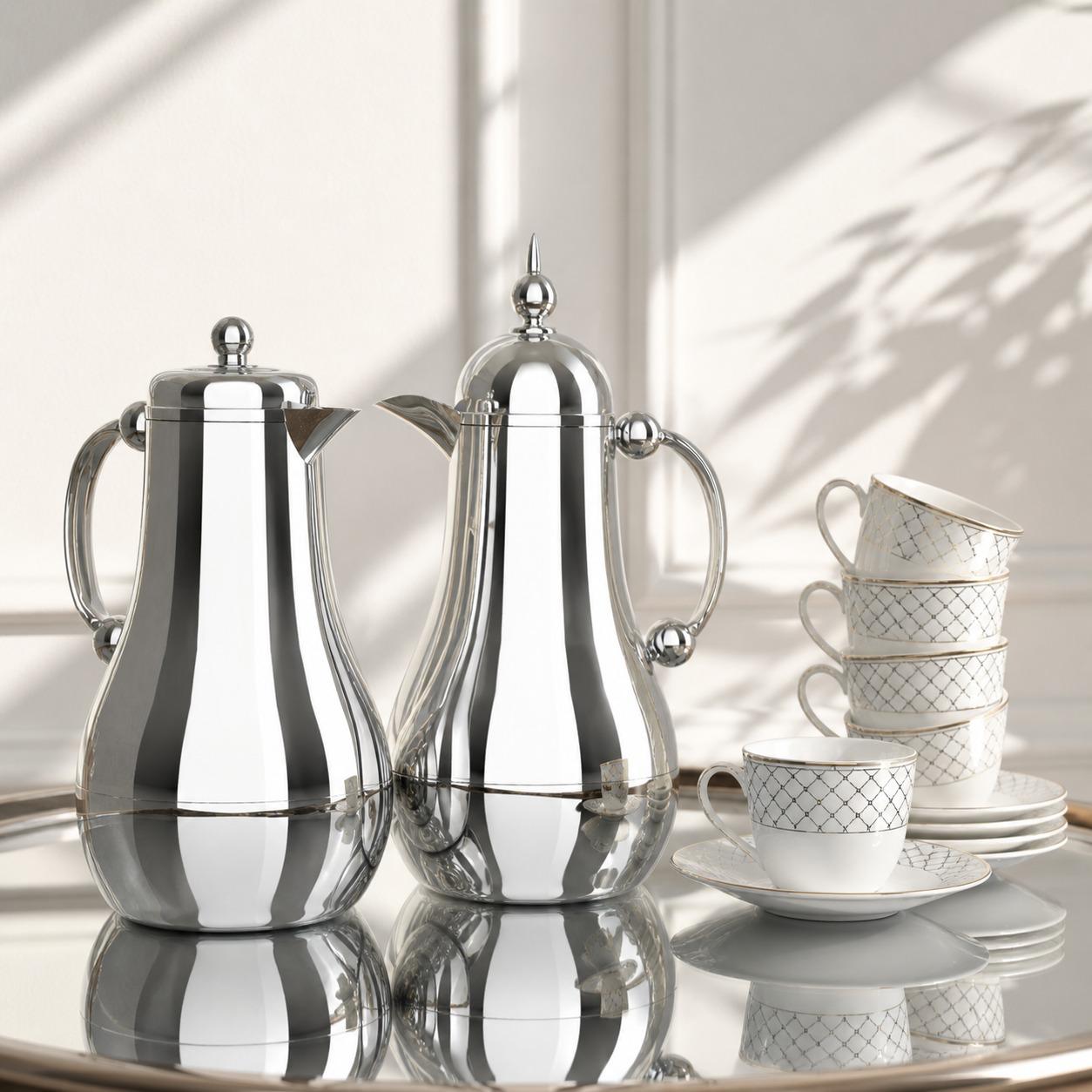 طقم ترامس فاخر – أناقة الضيافة – Tea & Coffee Thermos Set 1L - Silver