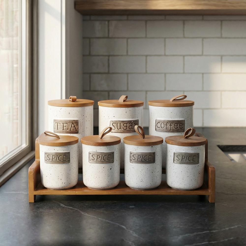 طقم بهارات بورسلين 14 قطعة مع حامل من الخشب المتين – Porcelain Spice S