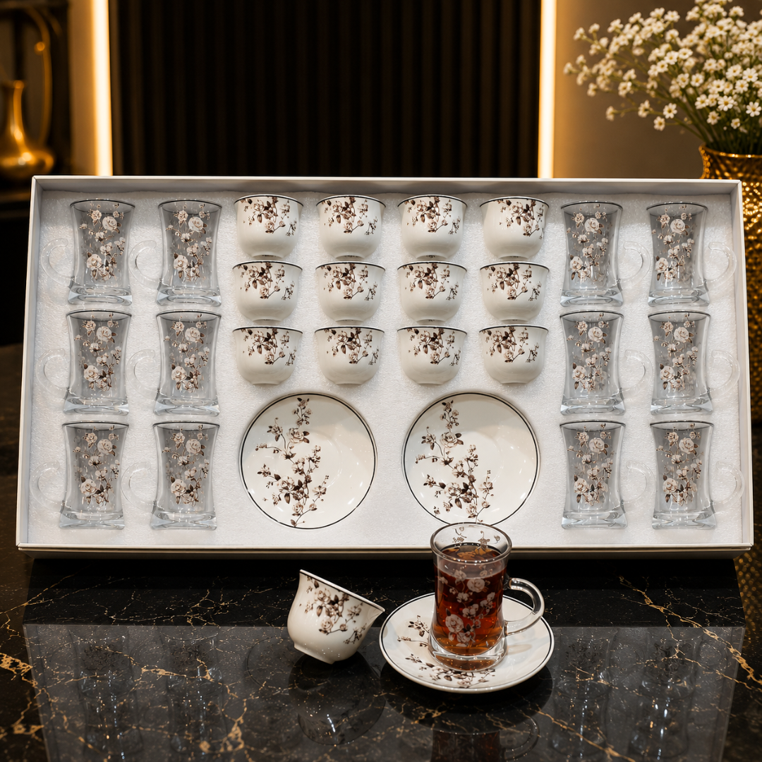 طقم  كاسات وفناجين ضيافة فاخر 36 قطعة بنقوش عربية أنيقة – Luxury Arabi