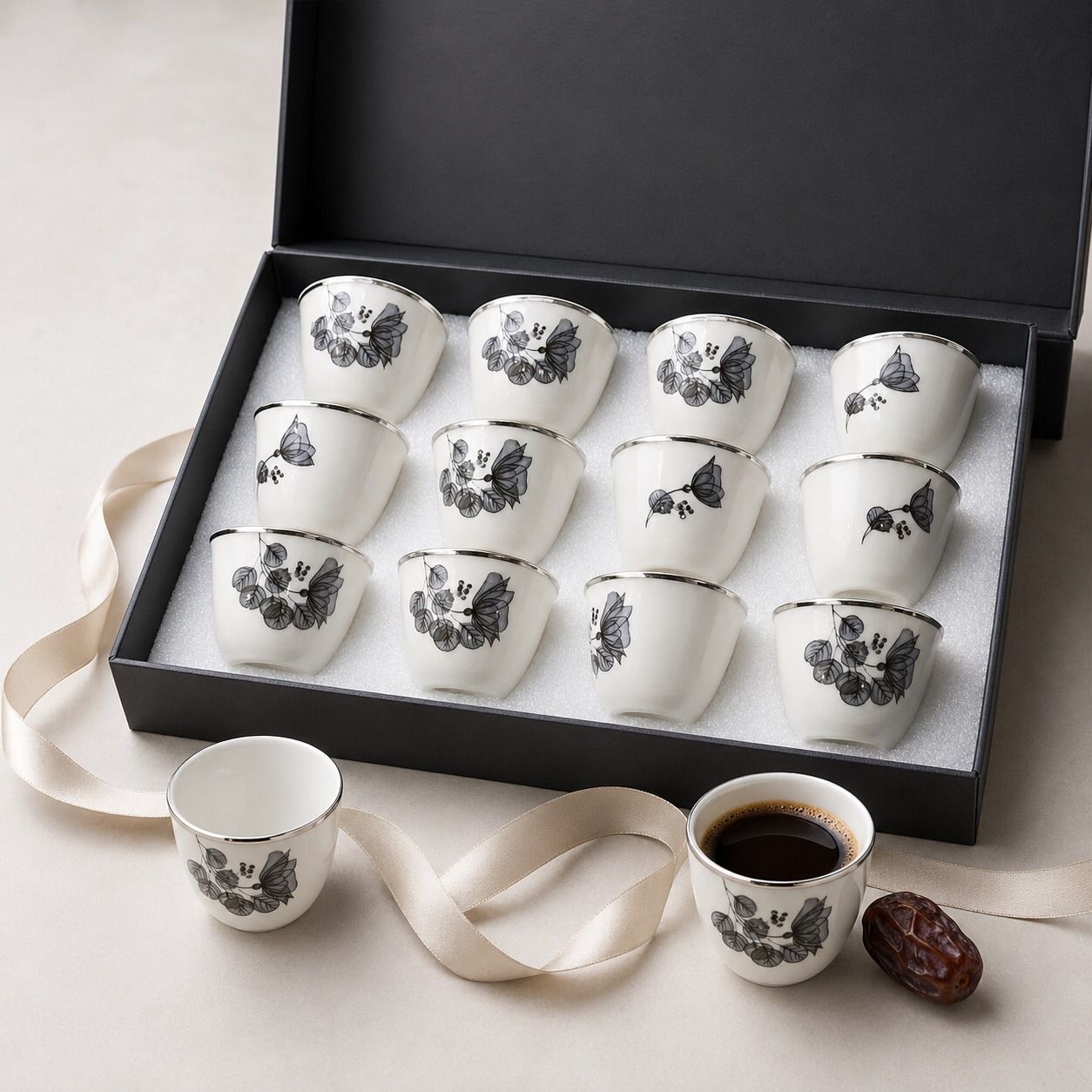 طقم فناجين سيراميك بنقشة الزهور الرمادية – 9 قطع – Ceramic Coffee Cup 
