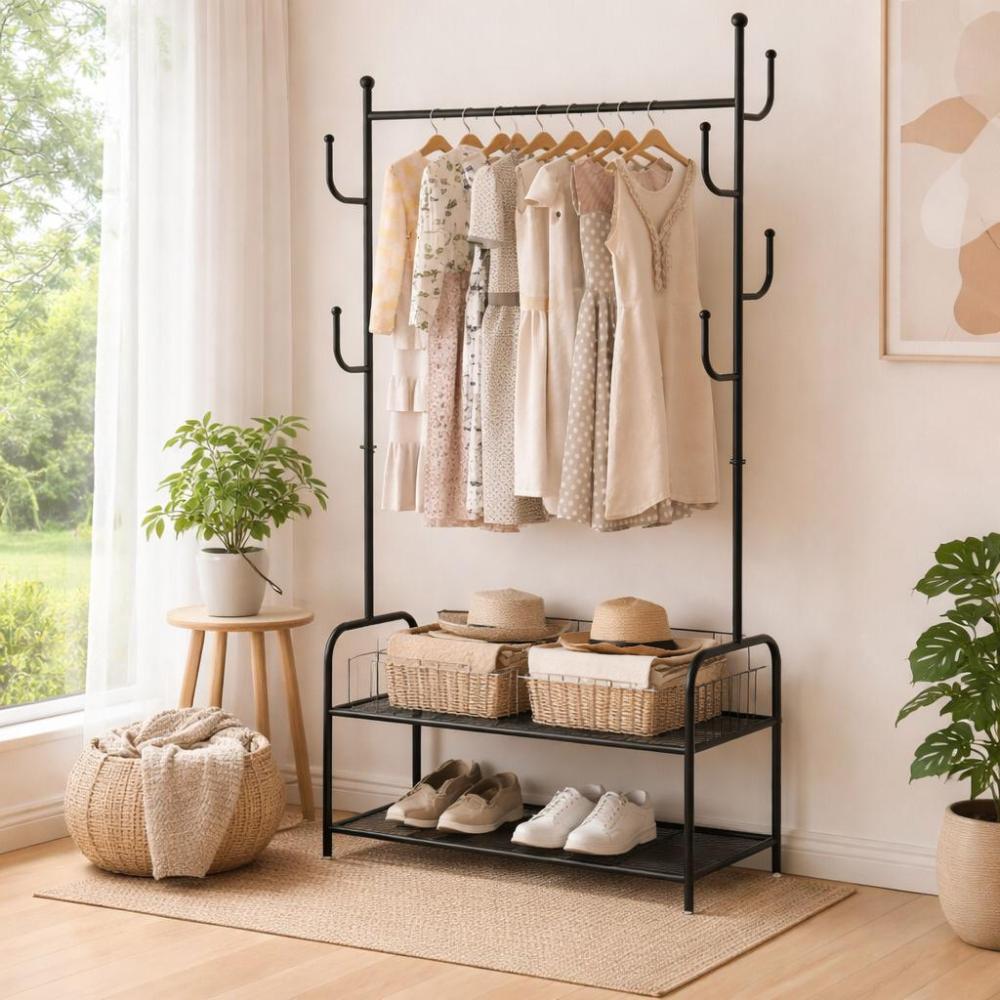 ستاند ملابس عصري مع رفين سفليين – أسود – Metal Clothes Rack