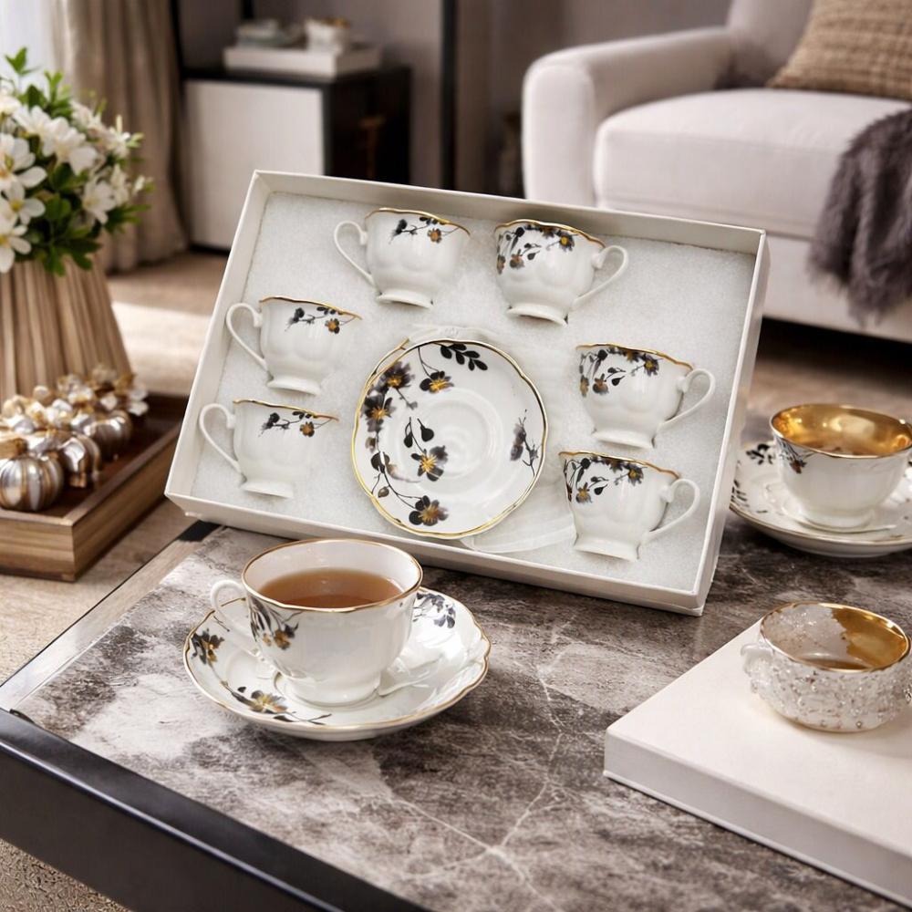 طقم فناجين مع اطباق 12 قطعة - نقوش فخمة للضيافة – Porcelain Coffee Cup