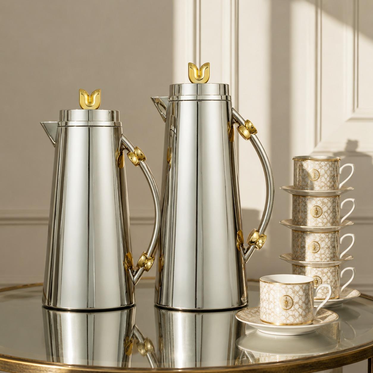 طقم ترامس استيل فضي بلمسات ذهبية فاخرة 1+1 لتر – Luxury Thermos Set – 