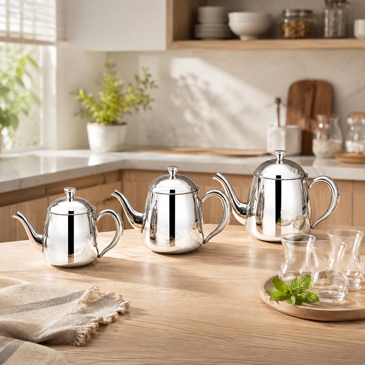 طقم أباريق شاي استل استيل 3 قطع – – Stainless Steel Teapot Set – 3 Pie