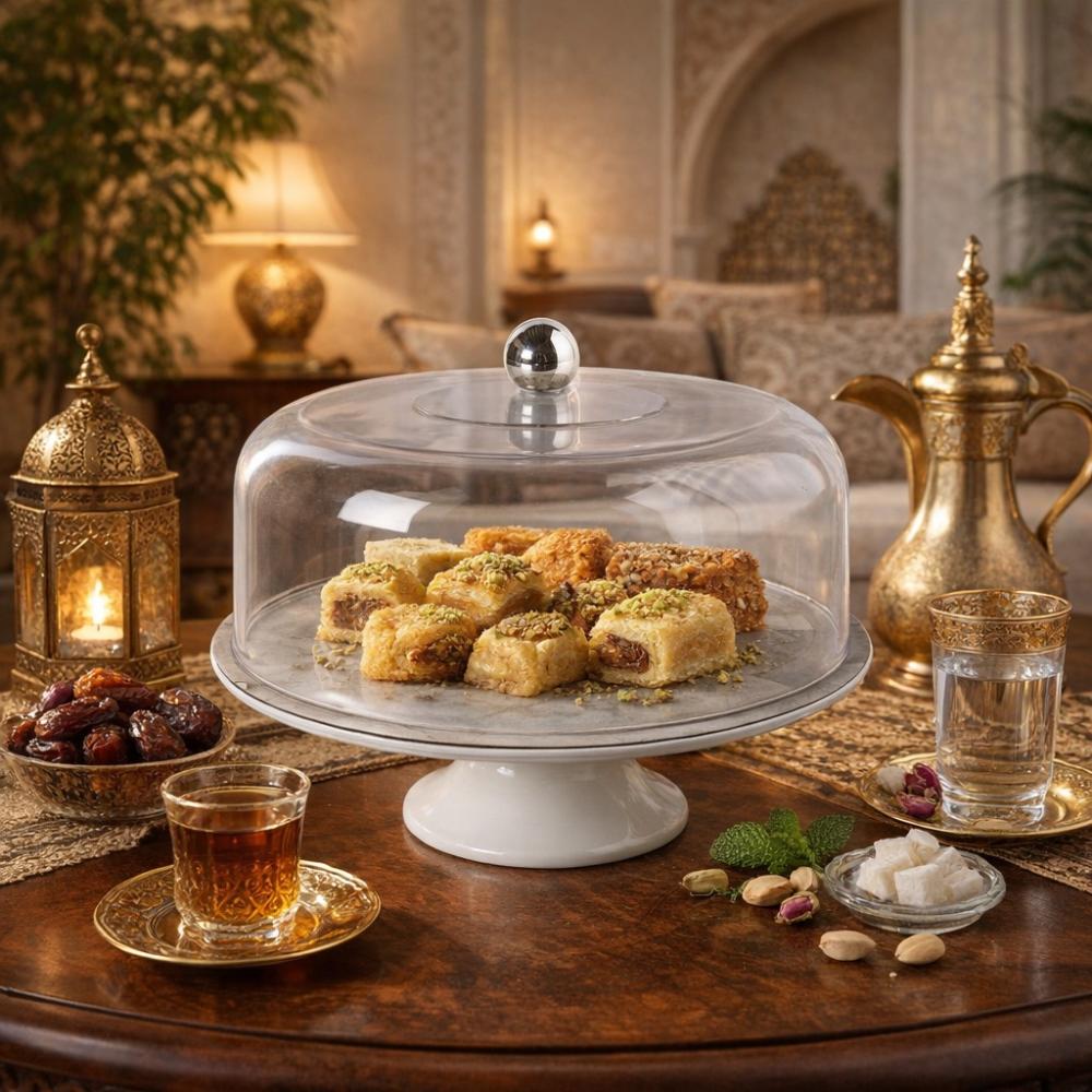 صحن كيك بقاعدة بورسلين - غطاء أكريلك - لون زيتي -مثالي – Stainless Ser