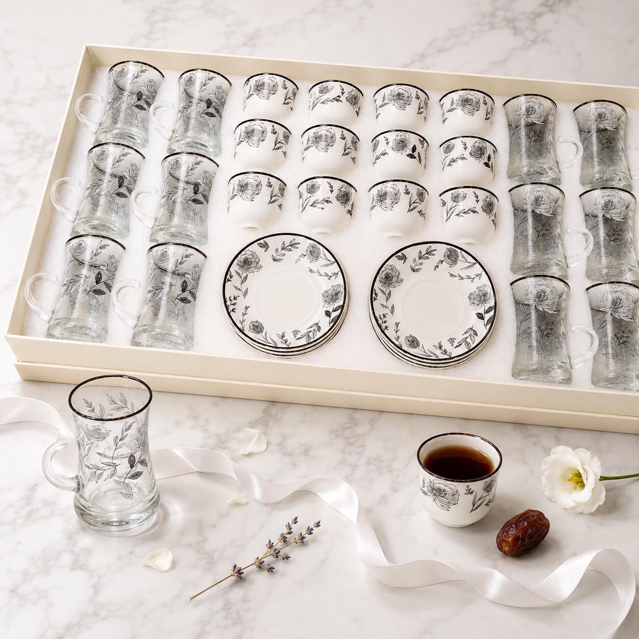 طقم كاسات وفناجين 36 قطعة – أبيض – Premium Cups & Glasses Serving Set 