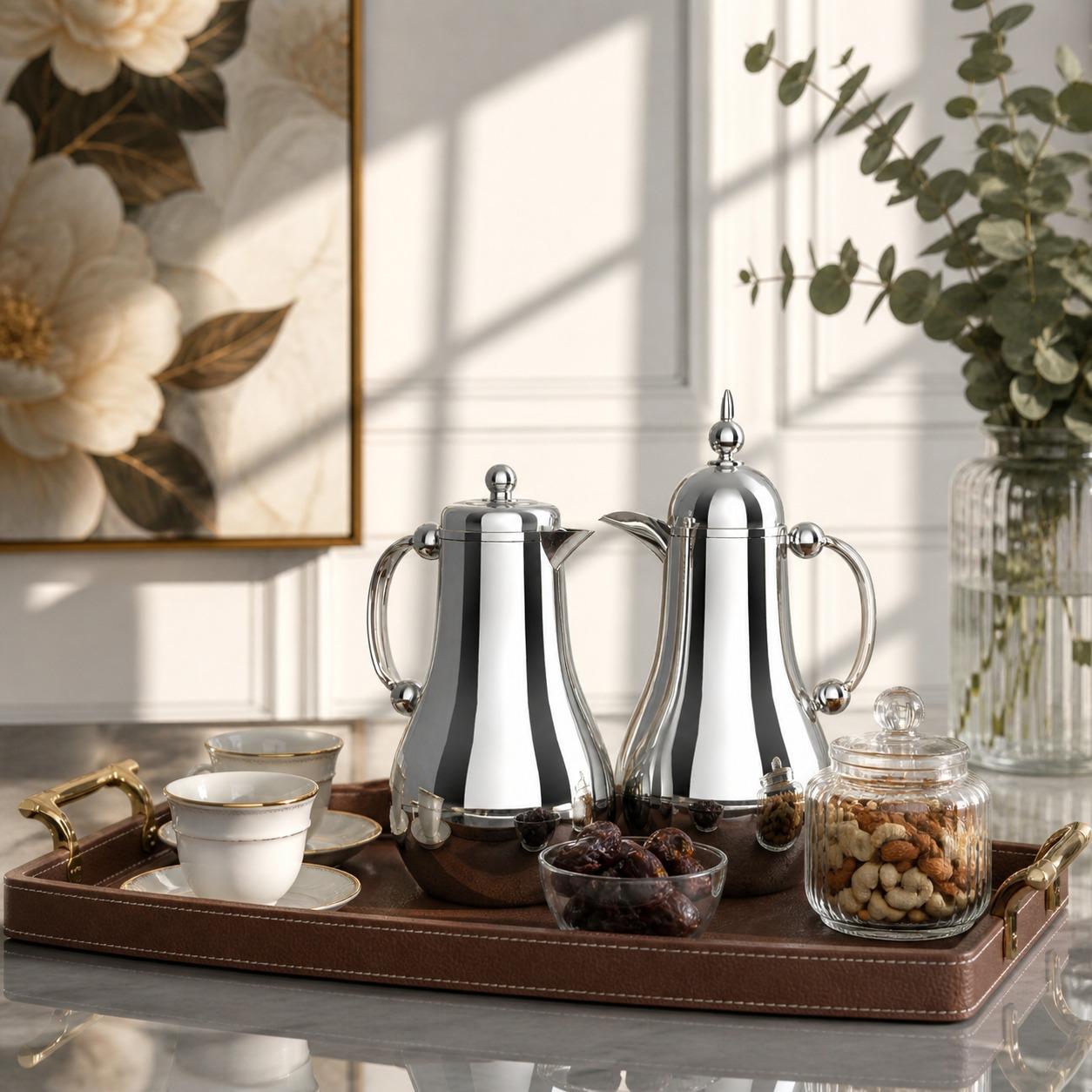 طقم ترامس فاخر – أناقة الضيافة – Tea & Coffee Thermos Set 1L - Silver