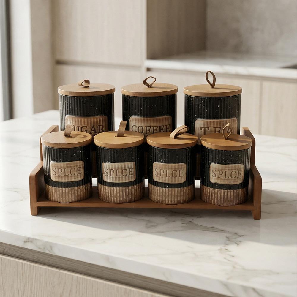 طقم بهارات 14 قطعة مع حامل خشبي بتصميم عملي – Porcelain Spice Set