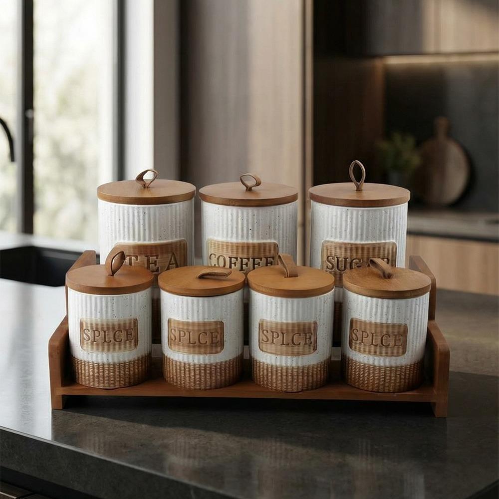 طقم بهارات 14 قطعة مع حامل خشبي بتصميم عملي – Porcelain Spice Set