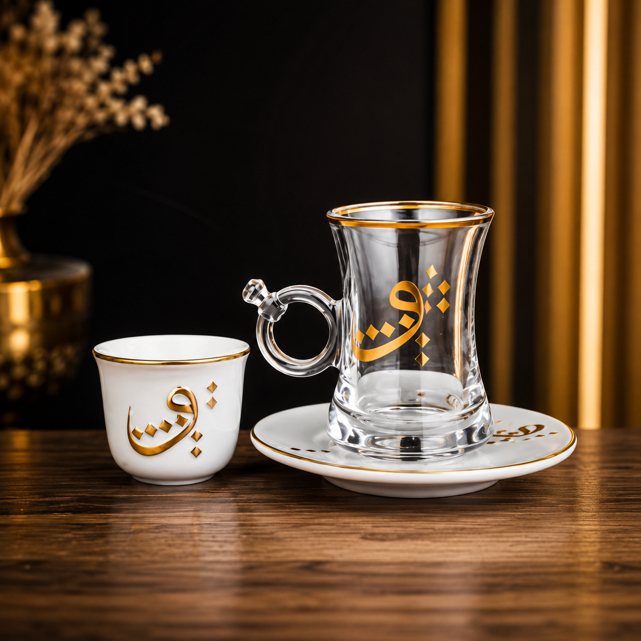 طقم كاسات وفناجين للضيافة فاخر 18 قطعة بتصميم عربي أنيق – ذهبي – Luxur