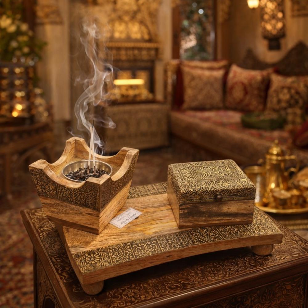 مبخرة خشب فخمة مع صينية - نقوش عربية انيقة – Luxury Serving Tray