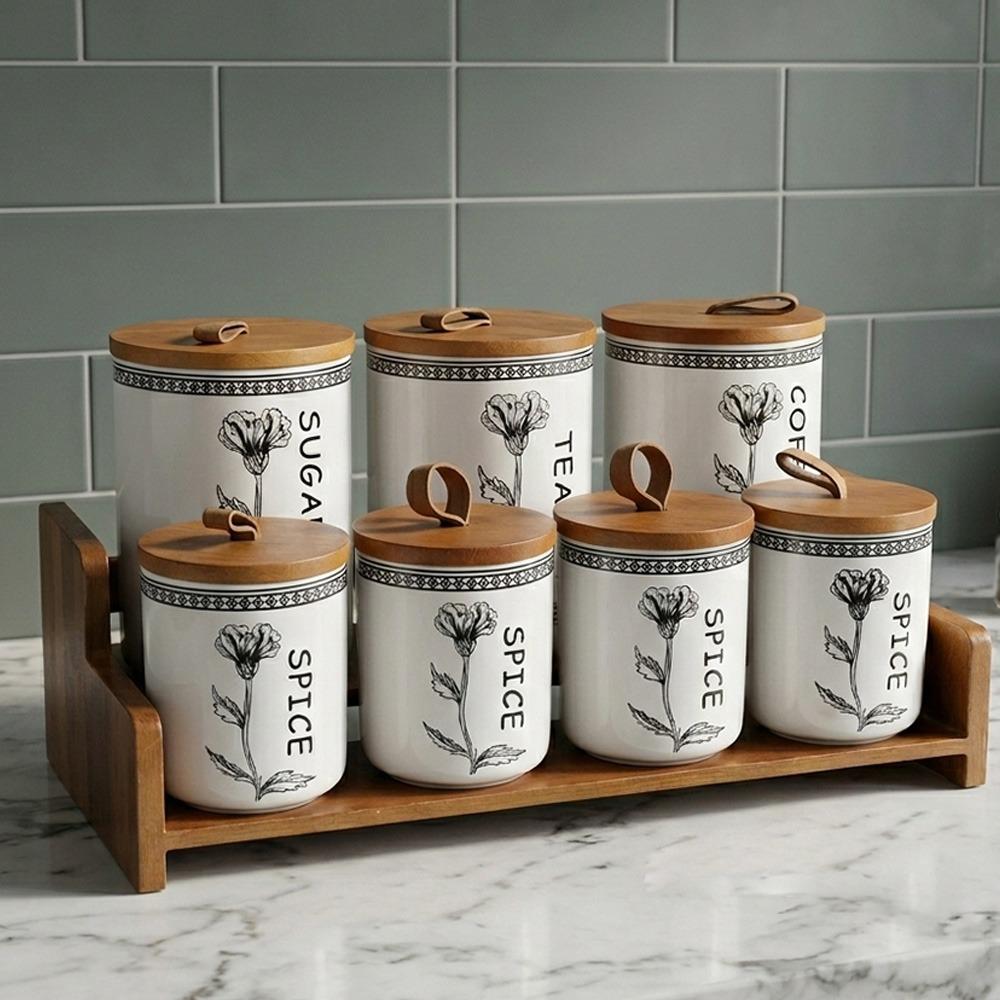 طقم بهارات بورسلين 14 قطعة -مع حامل خشبي - لتنظيم المطبخ – Porcelain S