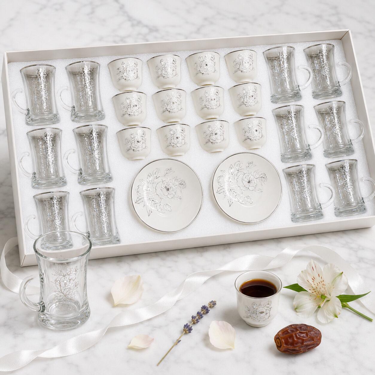 طقم كاسات وفناجين 36 قطعة – أبيض – Premium Cups & Glasses Serving Set 