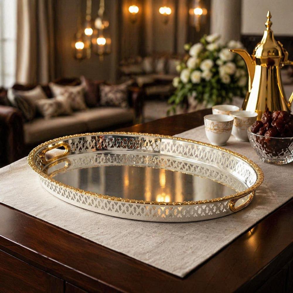 صينية تقديم ستيل بيضاوي فضي مزخرف ذهبي – تصميم فاخر وأنيق – مقاس كبير 