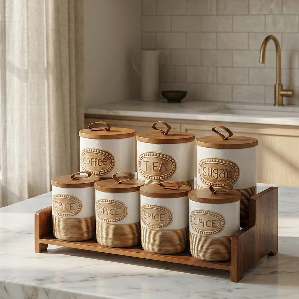 طقم بهارات بورسلين 14 قطعة بلون كحلي مع بني وستاند خشبي – Porcelain Sp