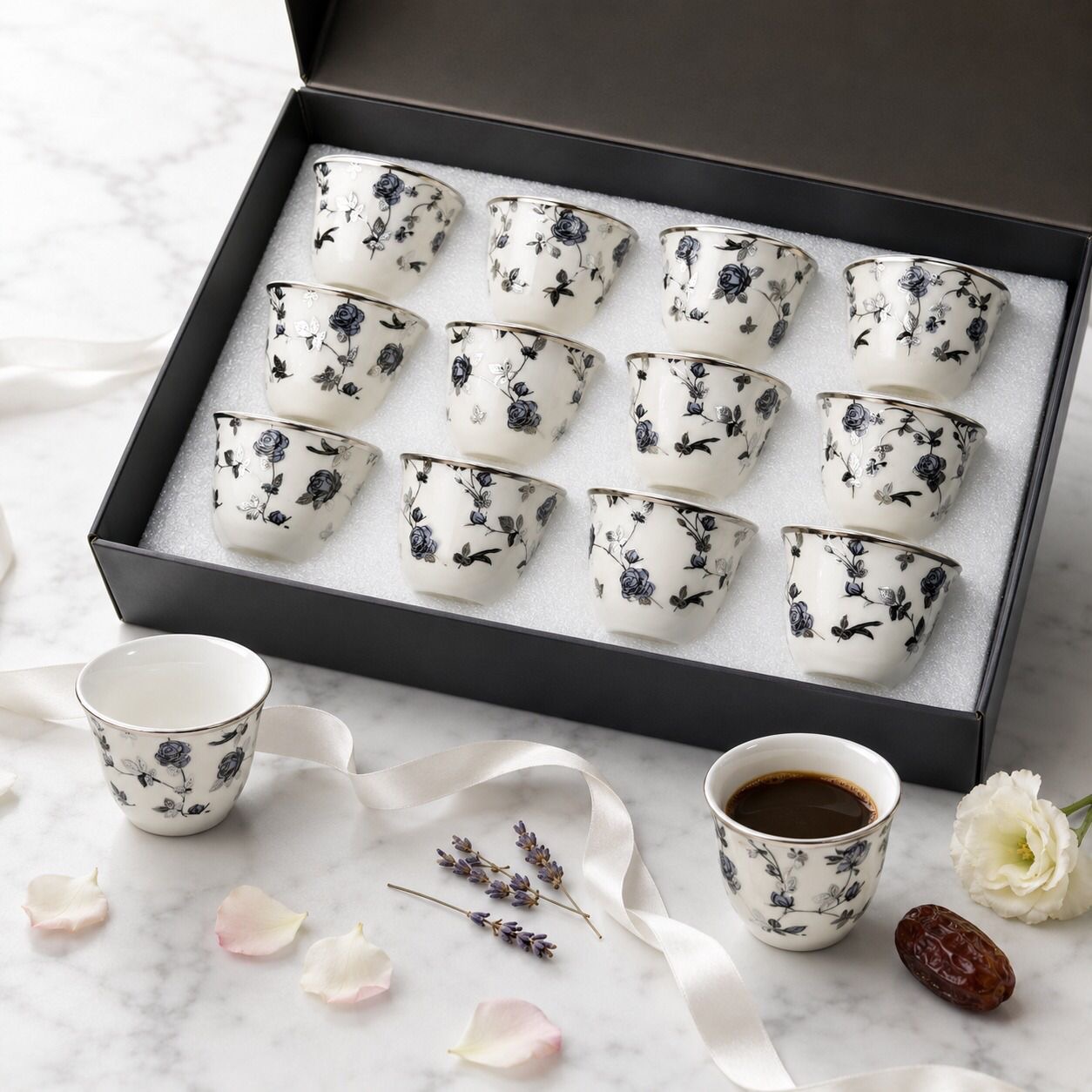 طقم فناجين سيراميك بنقشة الورود البنفسجية – 9 قطع – Ceramic Coffee Cup