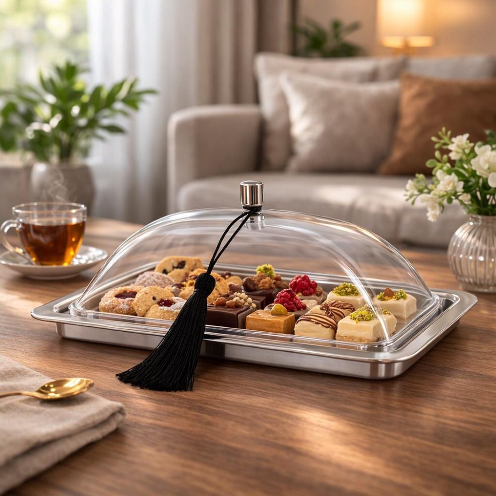 صحن كيك ستانلس ستيل بغطاء أكريليك - مثالي للتقديم – مقاس وسط – Stainle