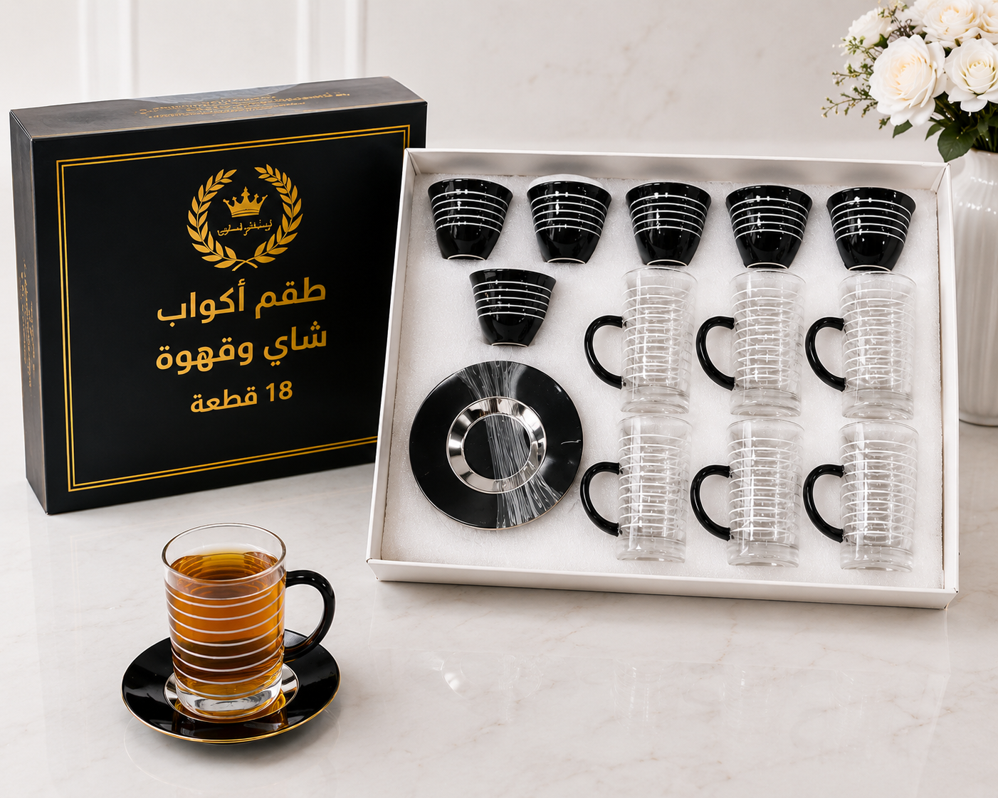 طقم كاسات  وفناجين فاخر 18 قطعة – Premium Cups & Glasses Hospitality S