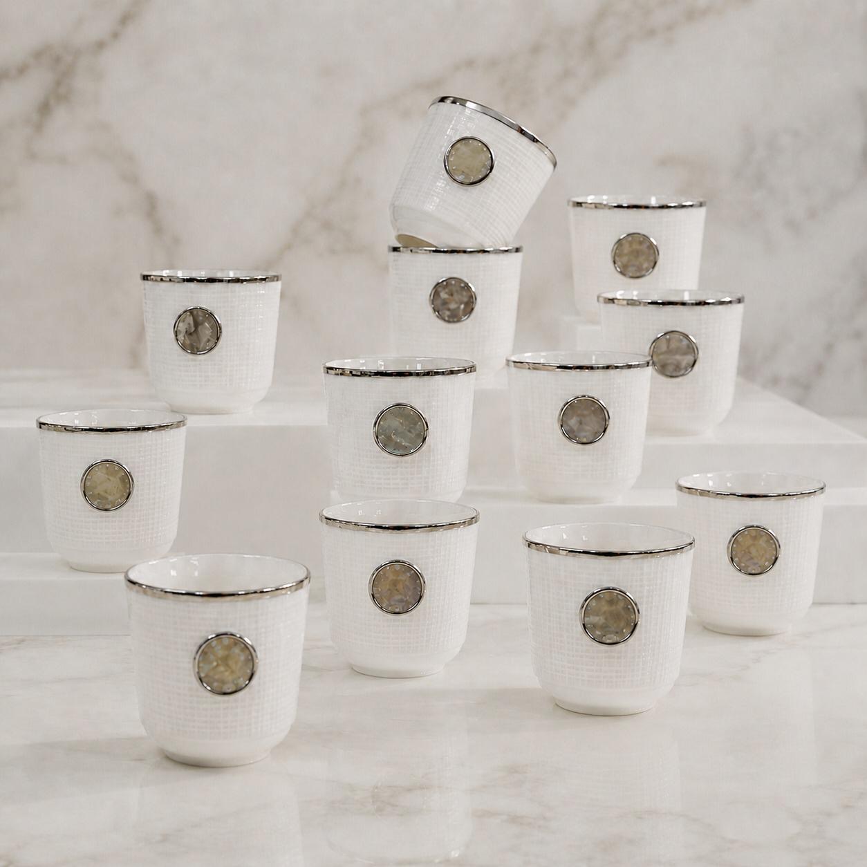 طقم فناجين قهوة عربية بخط فضي  ملكي  - 12 قطعة – Arabic Coffee Cup Set