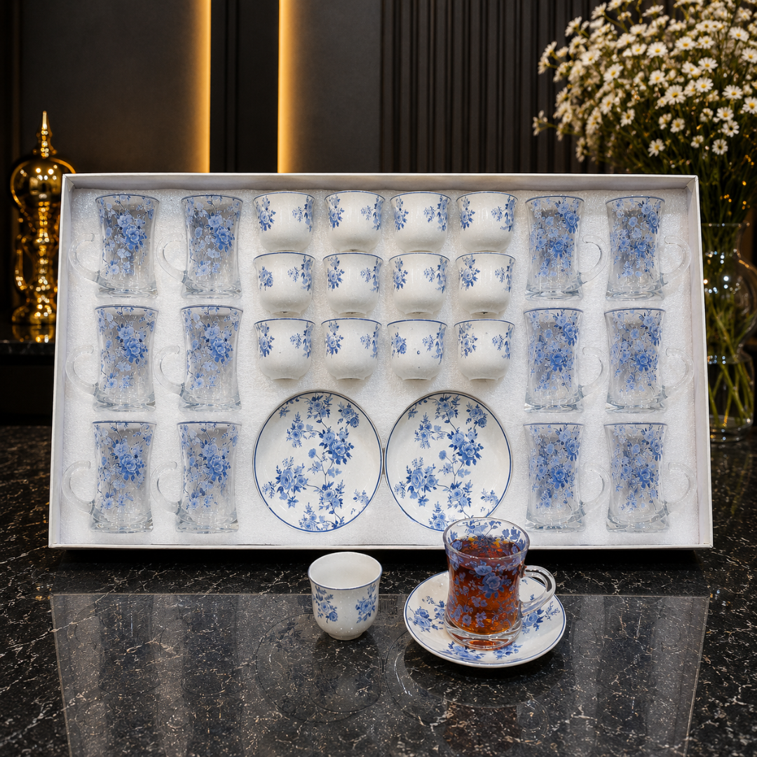 طقم  كاسات وفناجين ضيافة فاخر 36 قطعة بنقوش عربية أنيقة – – Luxury Ara