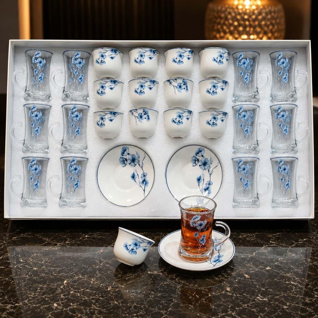 طقم  كاسات وفناجين ضيافة فاخر 36 قطعة بنقوش عربية أنيقة – – Luxury Ara