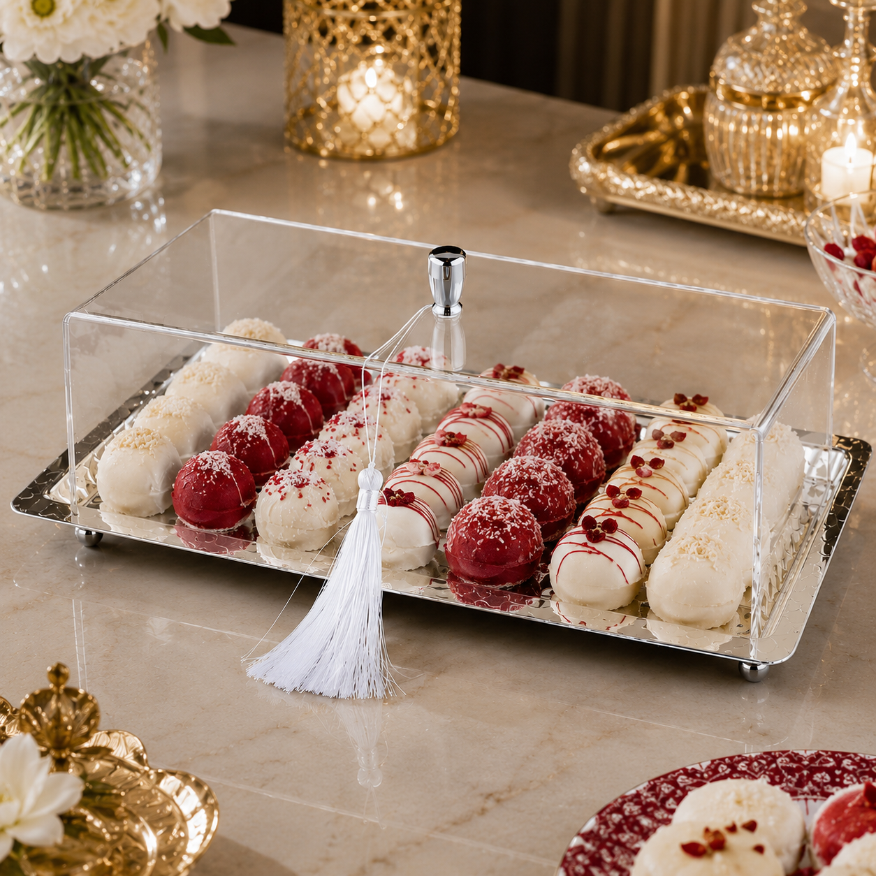 صحن تقديم فاخر مع غطاء أكريليك شفاف – Luxury Serving Dish with Clear A