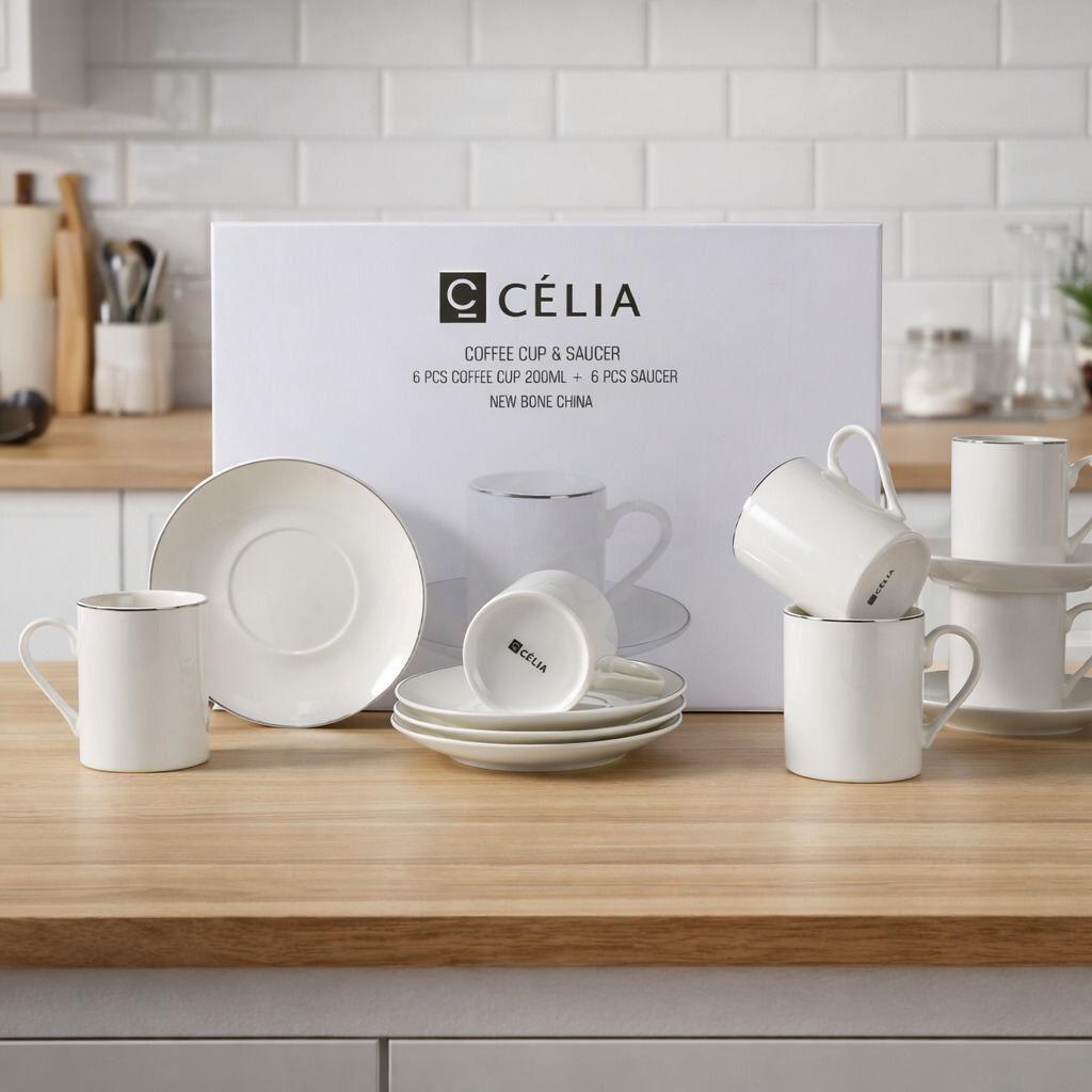 طقم أكواب قهوة وصحون 200 مل أنيق من العلامة التجارية Célia، – Porcelai