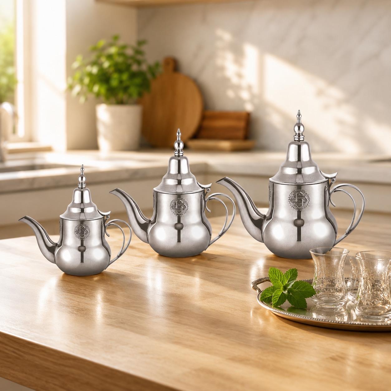 طقم أباريق الشاي المغربية الفاخرة - ستانلس ستيل مصقول (3 قطع) – Luxury