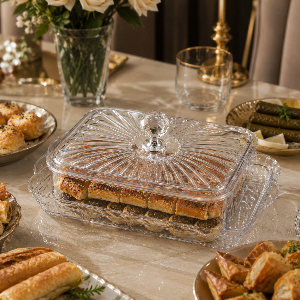 حافظة تقديم فاخرة بغطاء شفاف 30*20 سم – Luxury Serving Holder with Cle
