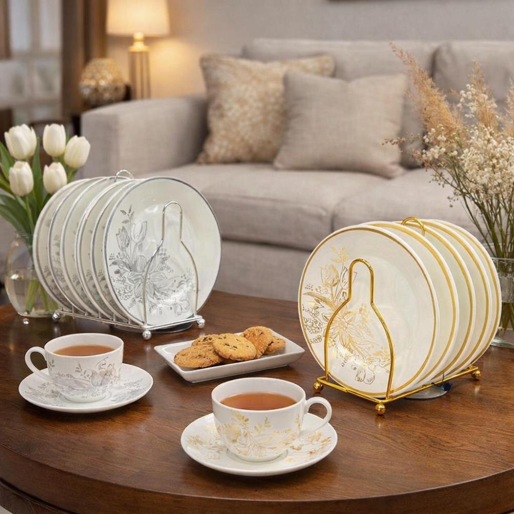 طقم سفرة بورسلين 6 قطع مع حامل معدني - مثالي للمناسبات – Porcelain Din