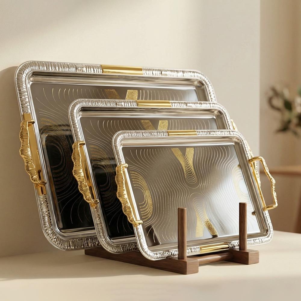 طقم صواني ستيل بتصميم نقشة عصرية - 3 حبة – Luxury Serving Tray