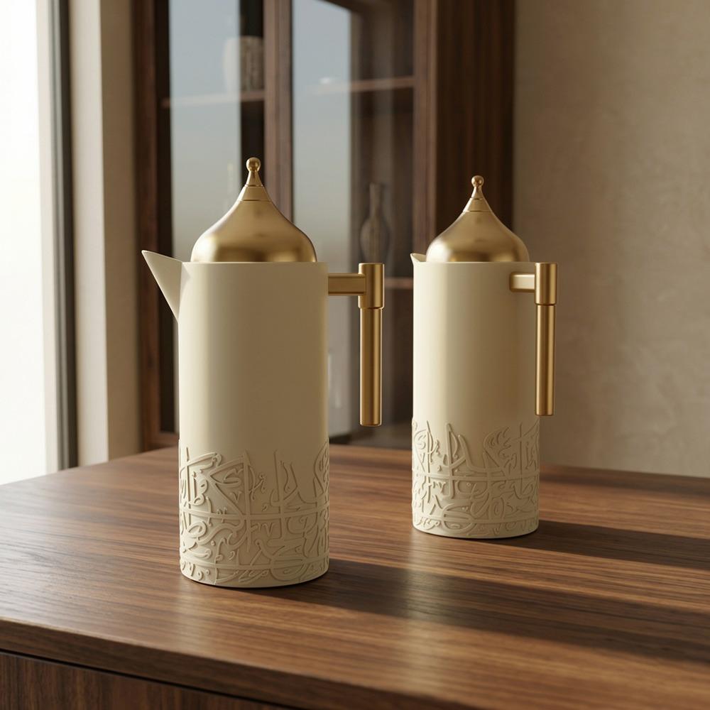 طقم ترمس شاي وقهوة 1 لتر بنقشة ذهبية 2 حبة – بيج – Tea & Coffee Thermo