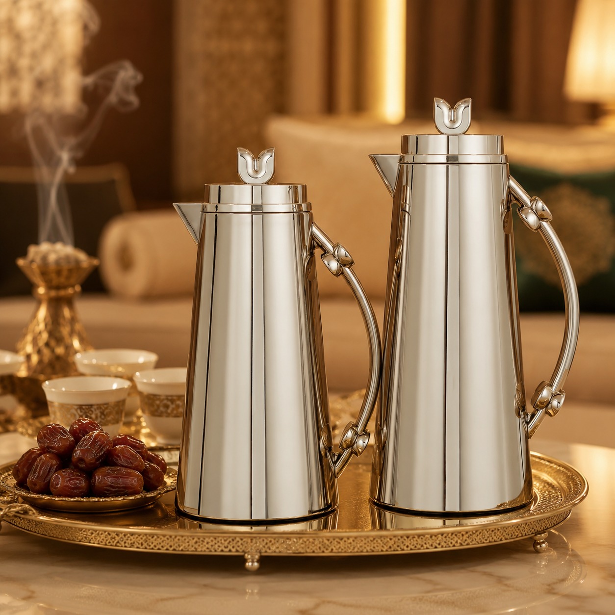 طقم ترامس فضي دافئ لامع فاخر 1+1 لتر للعيد – Luxury Eid Thermos Set – 