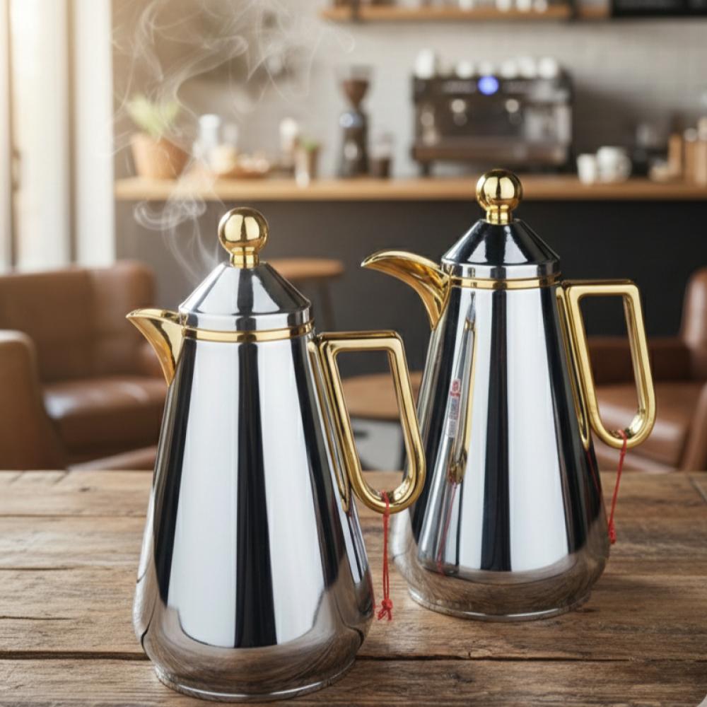طقم 2 ترمس فضي ذهبي – Tea & Coffee Thermos Set - Silver Gold