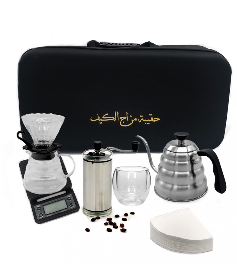 Black specialty coffee kit bag with brewing tools