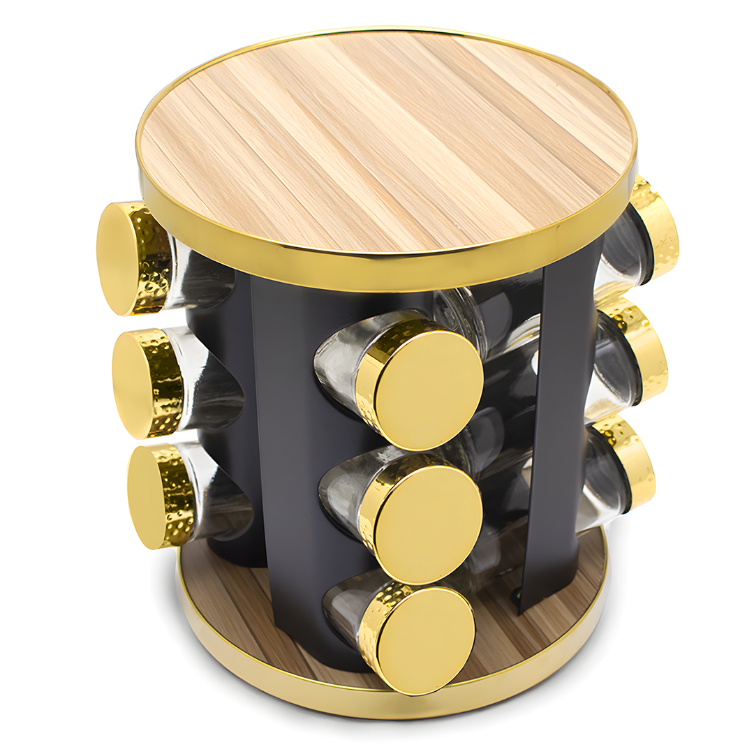 Gold 12-jar spice rack set with stand  glass wood and steel