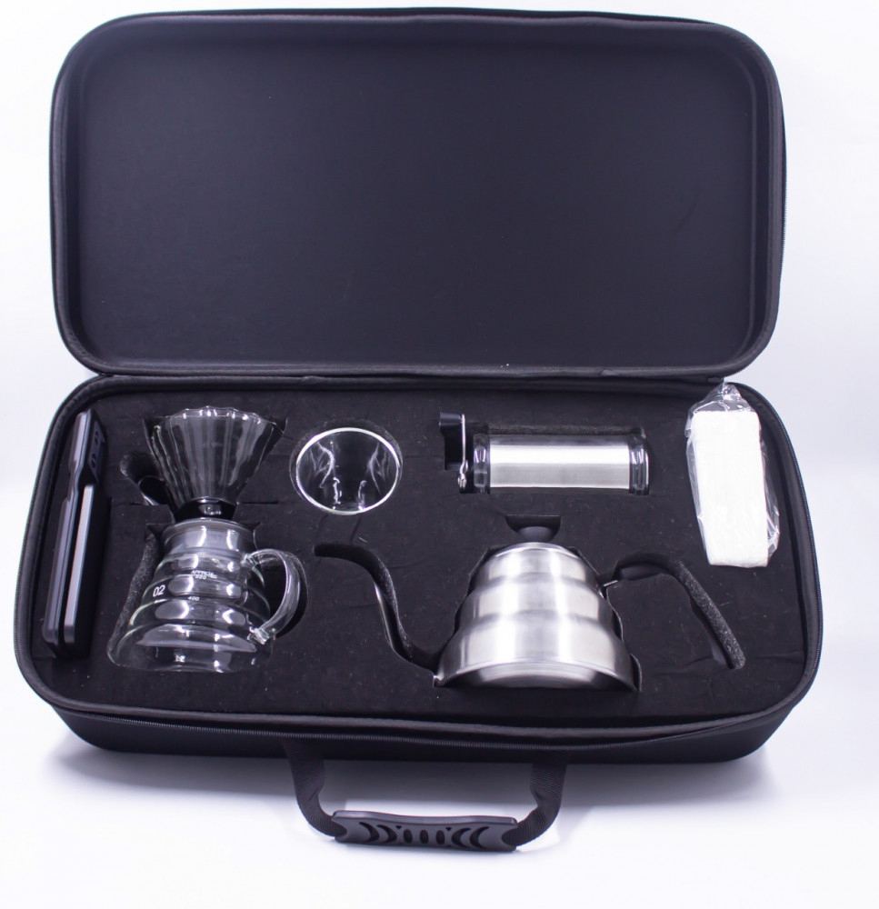 Black specialty coffee kit bag with brewing tools