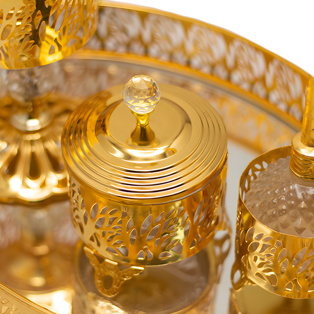 طقم عرائس كرستال ذهبي - صينية ومبخرة سكرية
