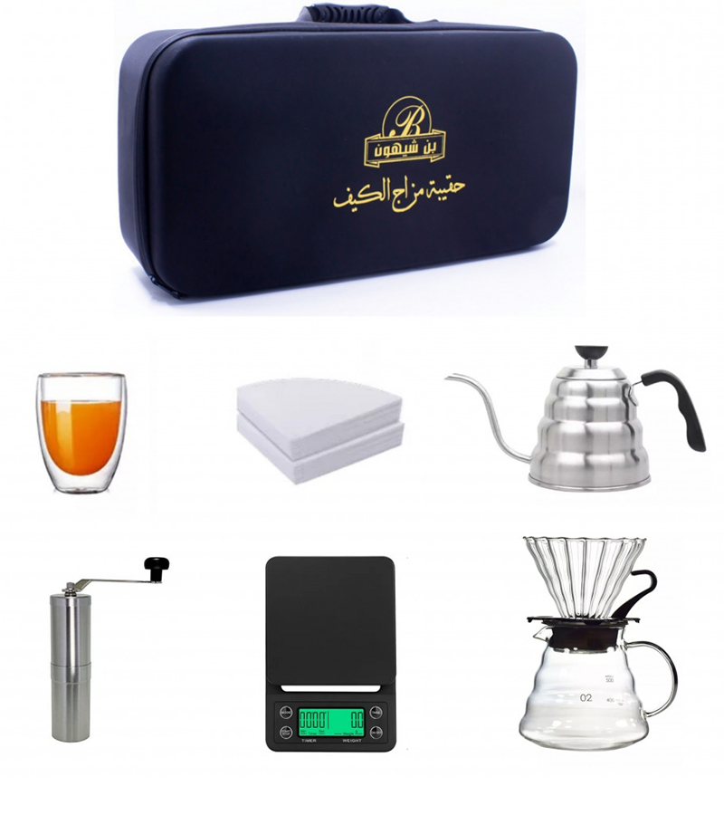 Black specialty coffee kit bag with brewing tools